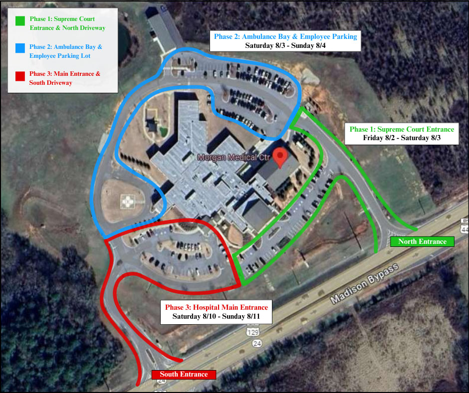 A map of Morgan Medical Center with labels on the different phases on the entrances.