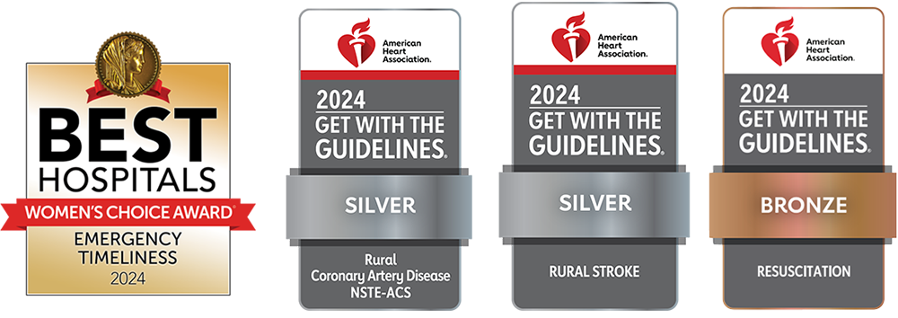 Best Hospitals Women’s Choice Award Emergency Timeliness, 2024 Get with the Guidelines (Silver for Rural Coronary Artery Disease and Rural Stroke) (Bronze for Resusitation)